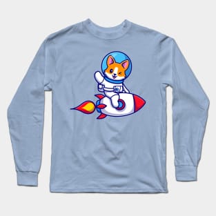 Cute Corgi Dog Astronaut Riding Rocket And Waving Hand Cartoon Long Sleeve T-Shirt